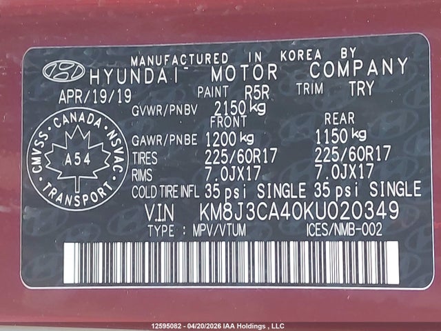 Продаж на аукціоні авто 2019 Hyundai Tucson Limited/sel/sport/ultimate/value/night, vin: KM8J3CA40KU020349, номер лоту: 12595082