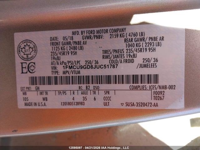 12595097 :رقم المزاد ، 1FMCU9GD8JUC51787 vin ، 2018 Ford Escape Se مزاد بيع