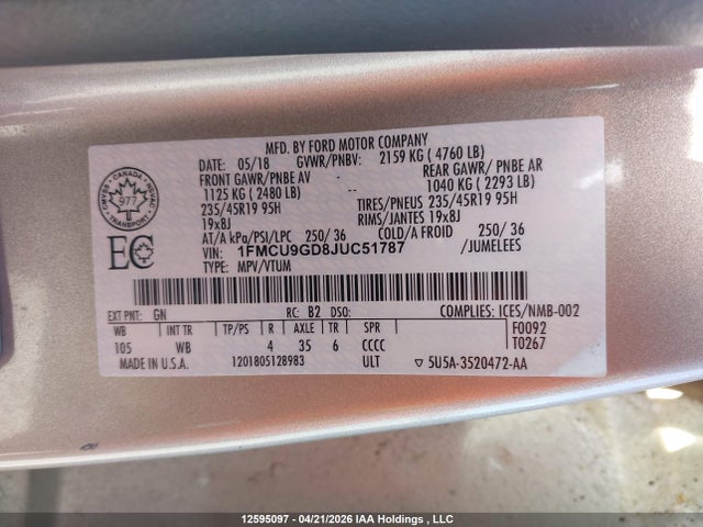 12595097 :رقم المزاد ، 1FMCU9GD8JUC51787 vin ، 2018 Ford Escape Se مزاد بيع