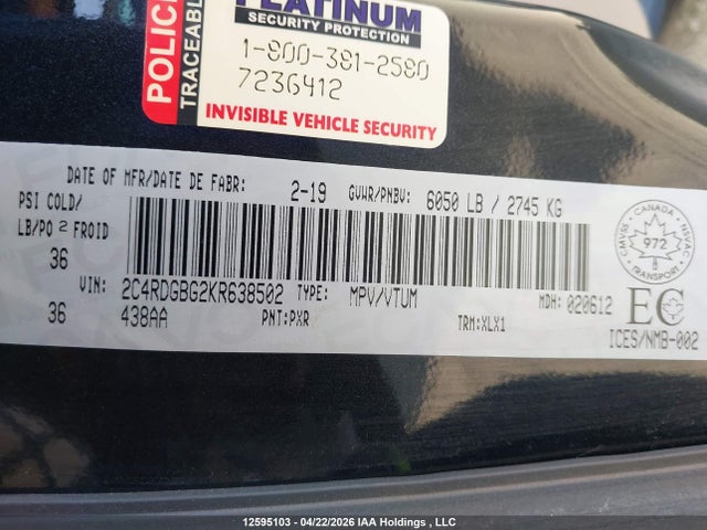 12595103 :رقم المزاد ، 2C4RDGBG2KR638502 vin ، 2019 Dodge Grand Caravan Cvp/sxt مزاد بيع