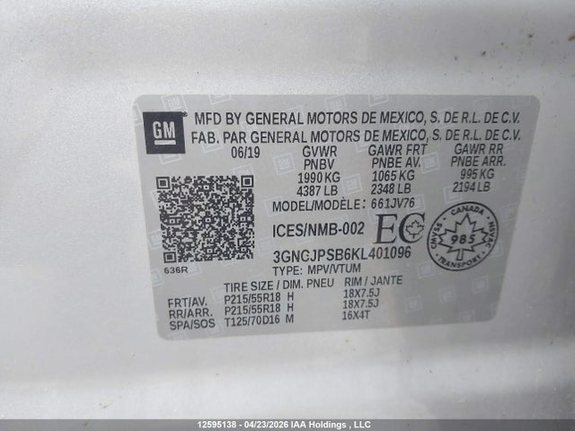 3GNCJPSB6KL401096 Chevrolet Trax Lt