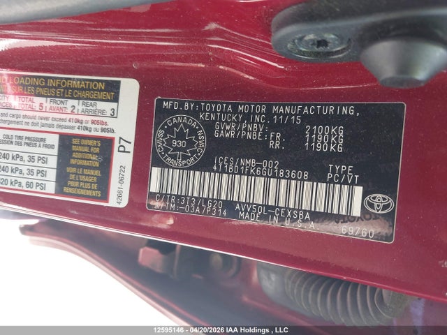 12595146 :رقم المزاد ، 4T1BD1FK6GU183608 vin ، 2016 Toyota Camry Hybrid/le/xle/se مزاد بيع