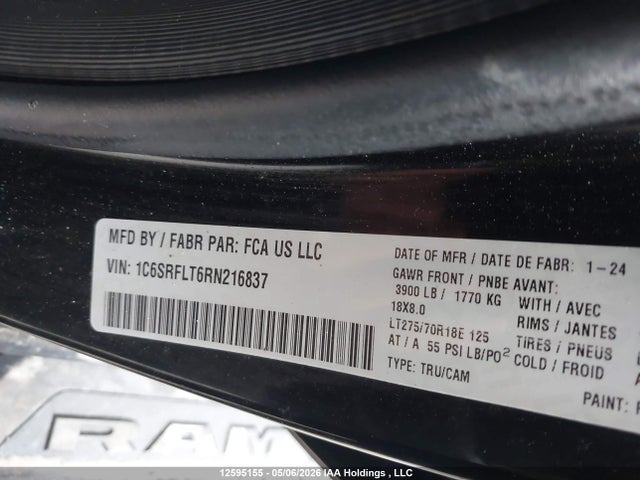 2024 Ram 1500 Rebel მანქანა იყიდება აუქციონზე, vin: 1C6SRFLT6RN216837, აუქციონის ნომერი: 12595155