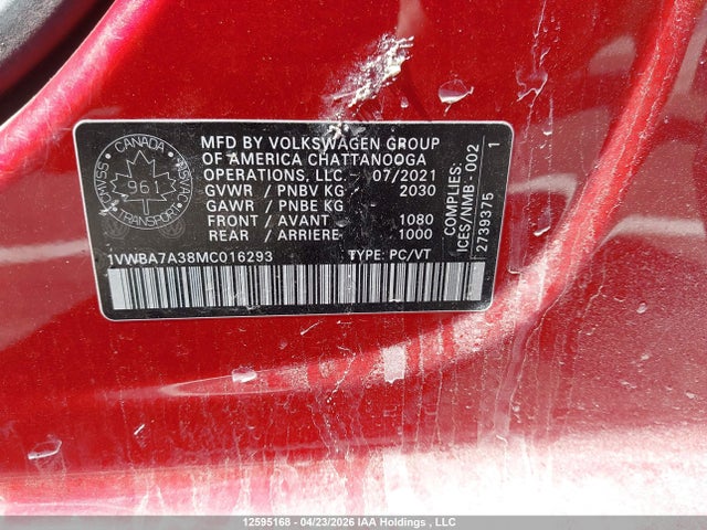 Aukcja sprzedaży 2021 Volkswagen Passat, vin: 1VWBA7A38MC016293, numer aukcji: 12595168