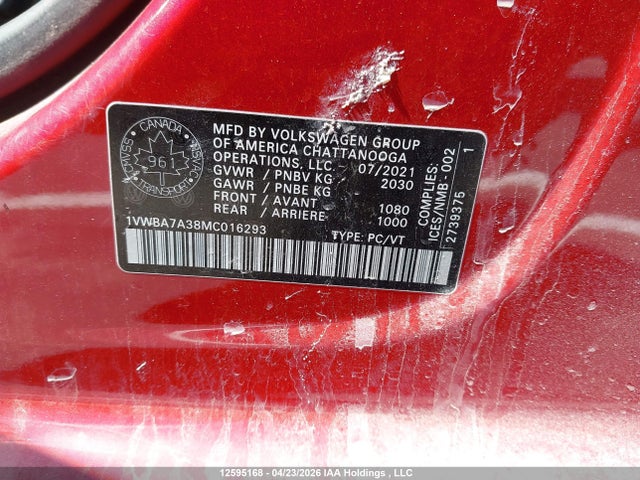 Aukcja sprzedaży 2021 Volkswagen Passat, vin: 1VWBA7A38MC016293, numer aukcji: 12595168