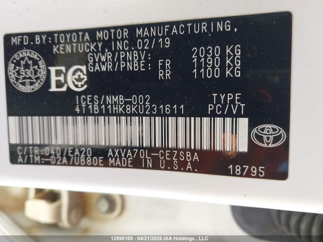 4T1B11HK8KU231611 Toyota Camry L/le/xle/se/xse