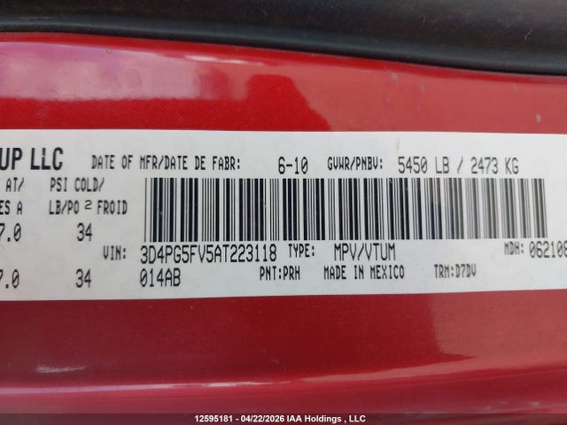 12595181 :رقم المزاد ، 3D4PG5FV5AT223118 vin ، 2010 Dodge Journey Sxt مزاد بيع