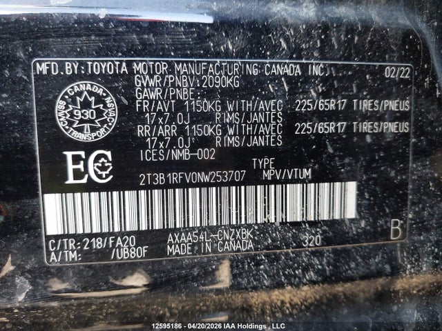 Aukcja sprzedaży 2022 Toyota Rav4 Le, vin: 2T3B1RFV0NW253707, numer aukcji: 12595186