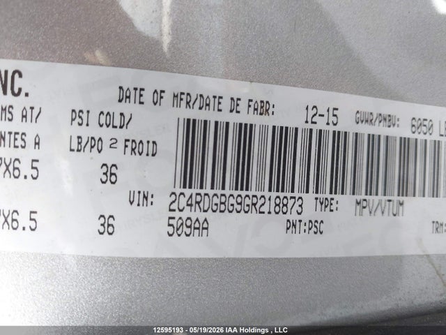 12595193 :رقم المزاد ، 2C4RDGBG9GR218873 vin ، 2016 Dodge Grand Caravan Se/sxt مزاد بيع