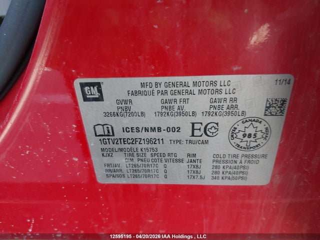 Aukcja sprzedaży 2015 Gmc Sierra K1500, vin: 1GTV2TEC2FZ196211, numer aukcji: 12595195