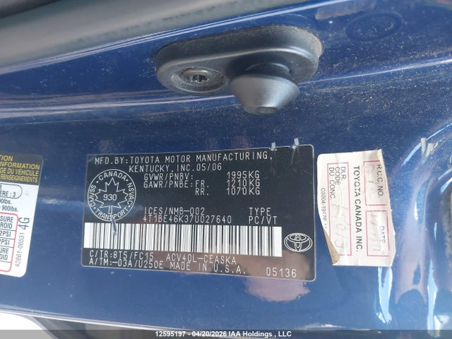 2007 Toyota Camry Le/se მანქანა იყიდება აუქციონზე, vin: 4T1BE46K37U027640, აუქციონის ნომერი: 12595197