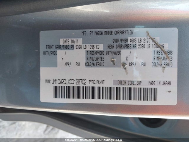 12595201 :رقم المزاد ، JM1CW2CLXC0128702 vin ، 2012 Mazda Mazda5 Gs مزاد بيع