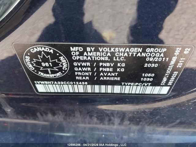 Aukcja sprzedaży 2012 Volkswagen Passat Se, vin: 1VWBH7A33CC012436, numer aukcji: 12595206