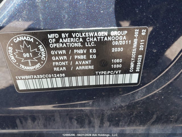 Aukcja sprzedaży 2012 Volkswagen Passat Se, vin: 1VWBH7A33CC012436, numer aukcji: 12595206