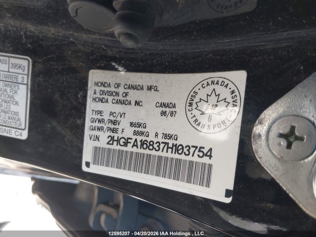 2007 Honda Civic Ex 4dr მანქანა იყიდება აუქციონზე, vin: 2HGFA16837H103754, აუქციონის ნომერი: 12595207