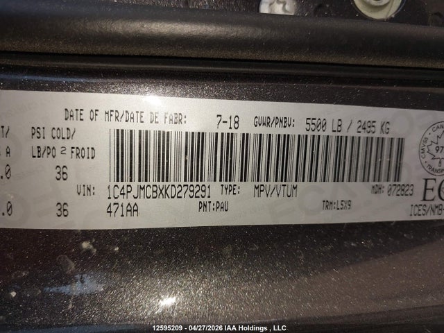 Aukcja sprzedaży 2019 Jeep Cherokee Latitude, vin: 1C4PJMCBXKD279291, numer aukcji: 12595209