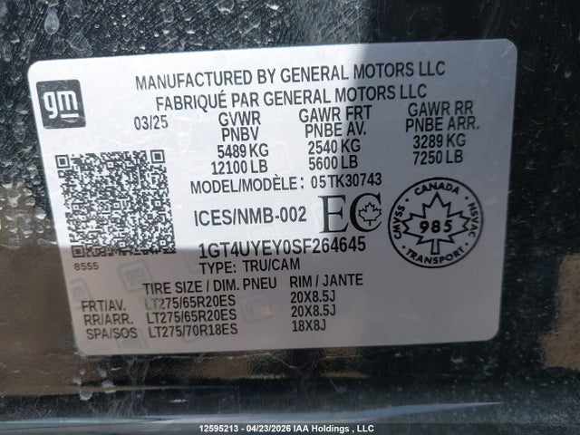 12595213 :رقم المزاد ، 1GT4UYEY0SF264645 vin ، 2025 Gmc Sierra 3500hd , Standard Bed, Denali Ultimate, 4wd مزاد بيع
