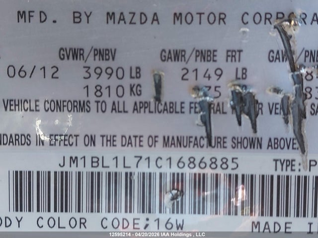 Aukcja sprzedaży 2012 Mazda 3 I, vin: JM1BL1L71C1686885, numer aukcji: 12595214
