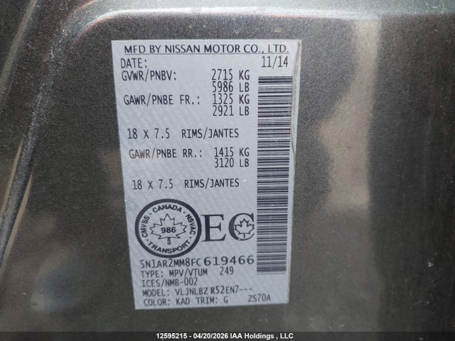 5N1AR2MM8FC619466 Nissan Pathfinder S/sv/sl/platinum