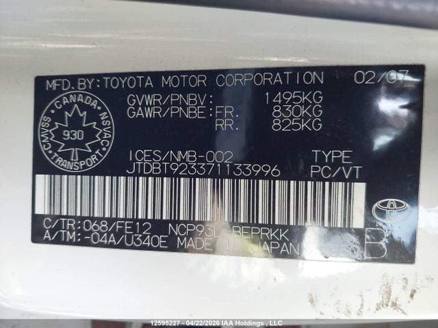 2007 Toyota Yaris მანქანა იყიდება აუქციონზე, vin: JTDBT923371133996, აუქციონის ნომერი: 12595227
