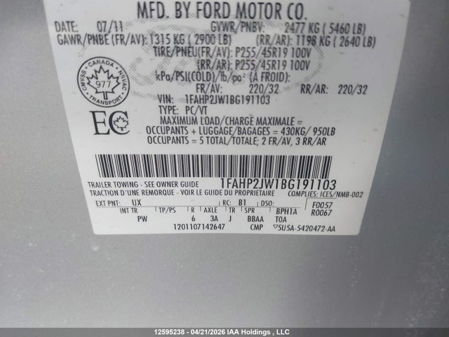 Продажа на аукционе авто 2011 Ford Taurus Limited, vin: 1FAHP2JW1BG191103, номер лота: 12595238