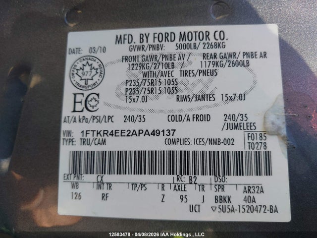 Продажа на аукционе авто 2010 Ford Ranger Sport/xl/xlt, vin: 1FTKR4EE2APA49137, номер лота: 12583478
