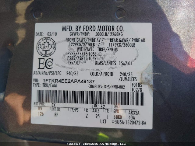 Продажа на аукционе авто 2010 Ford Ranger Sport/xl/xlt, vin: 1FTKR4EE2APA49137, номер лота: 12583478