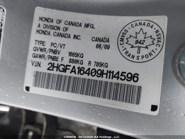 Aukcja sprzedaży 2009 Honda Civic Dx-g, vin: 2HGFA16409H114596, numer aukcji: 12589836