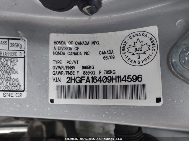 Aukcja sprzedaży 2009 Honda Civic Dx-g, vin: 2HGFA16409H114596, numer aukcji: 12589836