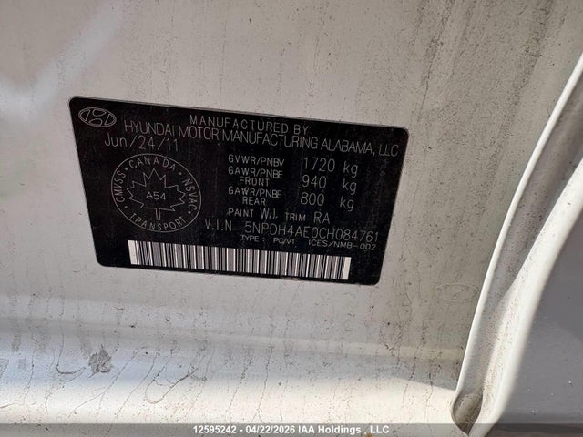 2012 Hyundai Elantra Gls/limited მანქანა იყიდება აუქციონზე, vin: 5NPDH4AE0CH084761, აუქციონის ნომერი: 12595242