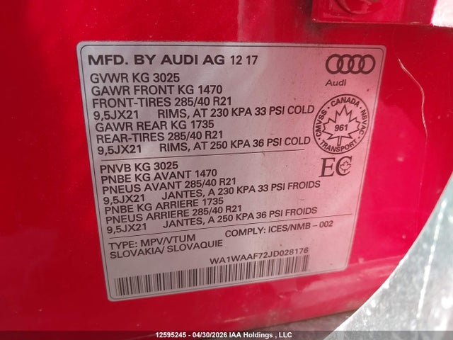 Aukcja sprzedaży 2018 Audi Q7 3.0t Technik, vin: WA1WAAF72JD028176, numer aukcji: 12595245