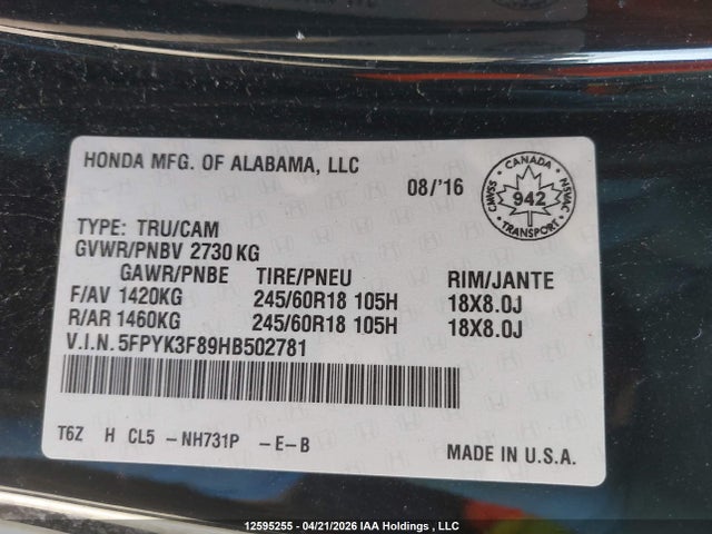 12595255 :رقم المزاد ، 5FPYK3F89HB502781 vin ، 2017 Honda Ridgeline Black Edition مزاد بيع
