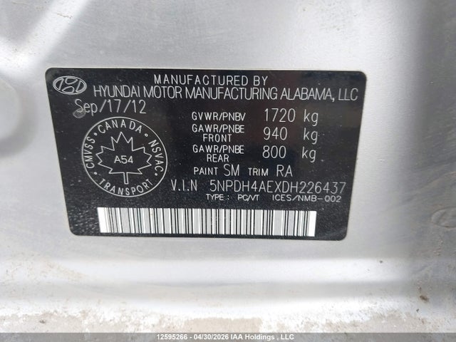 2013 Hyundai Elantra მანქანა იყიდება აუქციონზე, vin: 5NPDH4AEXDH226437, აუქციონის ნომერი: 12595266