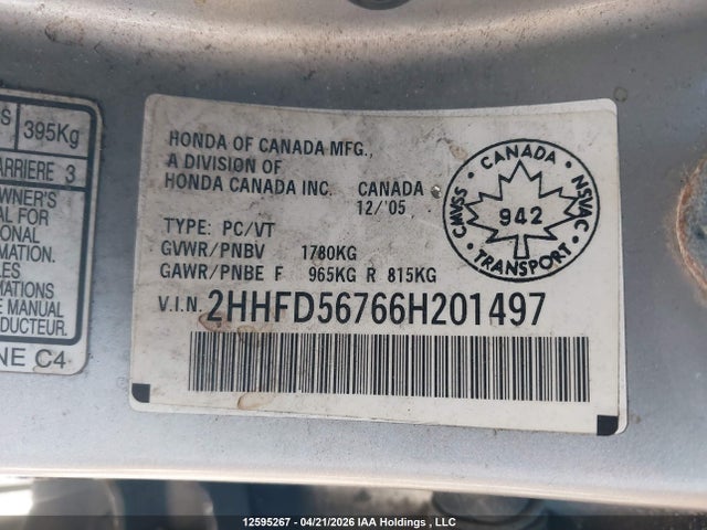 Aukcja sprzedaży 2006 Acura Csx Premium, vin: 2HHFD56766H201497, numer aukcji: 12595267