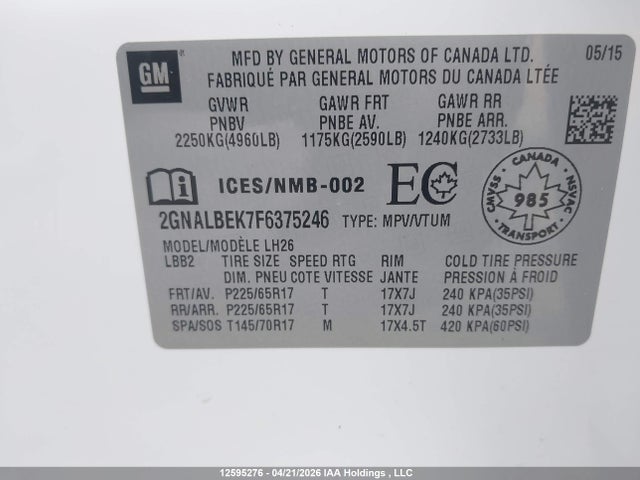 2015 Chevrolet Equinox 1lt მანქანა იყიდება აუქციონზე, vin: 2GNALBEK7F6375246, აუქციონის ნომერი: 12595276
