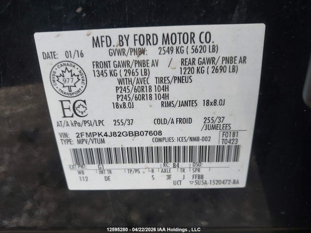 Aukcja sprzedaży 2016 Ford Edge Sel, vin: 2FMPK4J82GBB07608, numer aukcji: 12595280