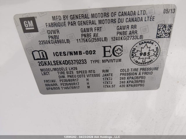 Aukcja sprzedaży 2013 Gmc Terrain Sle-2, vin: 2GKALSEK4D6379233, numer aukcji: 12595282
