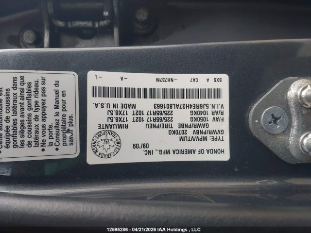 12595286 :رقم المزاد ، 5J6RE4H37AL801663 vin ، 2010 Honda Cr-v Lx مزاد بيع