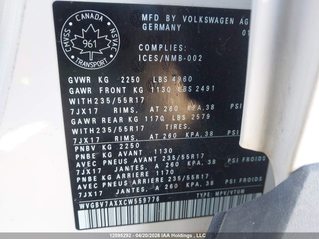 2012 Volkswagen Tiguan მანქანა იყიდება აუქციონზე, vin: WVGBV7AXXCW559776, აუქციონის ნომერი: 12595292