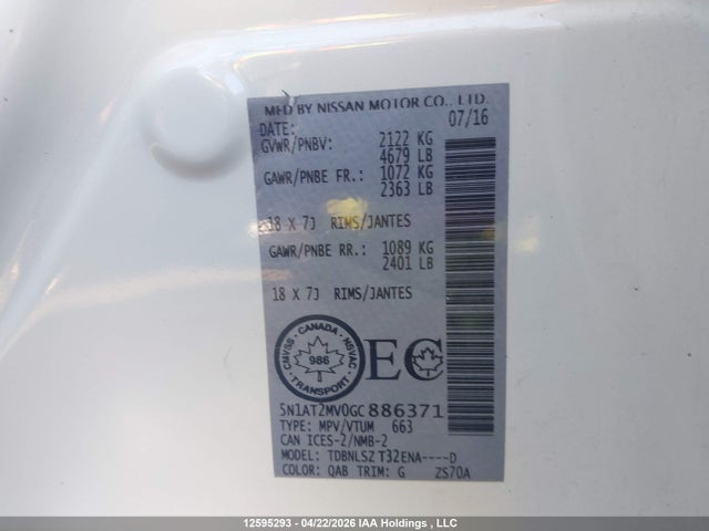 5N1AT2MV0GC886371 Nissan Rogue S/sl/sv