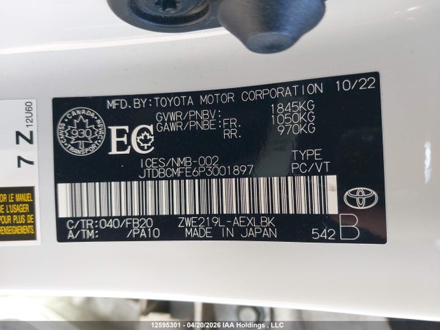 Продажа на аукционе авто 2023 Toyota Corolla Hybrid Le, vin: JTDBCMFE6P3001897, номер лота: 12595301