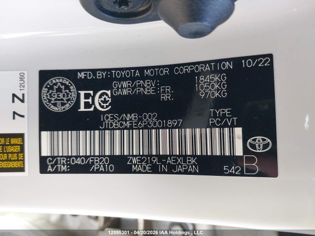 Продажа на аукционе авто 2023 Toyota Corolla Hybrid Le, vin: JTDBCMFE6P3001897, номер лота: 12595301