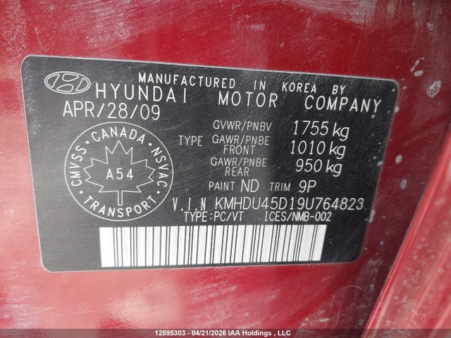 2009 Hyundai Elantra მანქანა იყიდება აუქციონზე, vin: KMHDU45D19U764823, აუქციონის ნომერი: 12595303