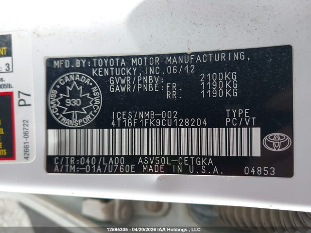 2012 Toyota Camry მანქანა იყიდება აუქციონზე, vin: 4T1BF1FK9CU128204, აუქციონის ნომერი: 12595305