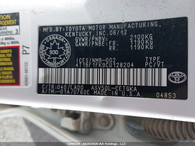 2012 Toyota Camry მანქანა იყიდება აუქციონზე, vin: 4T1BF1FK9CU128204, აუქციონის ნომერი: 12595305
