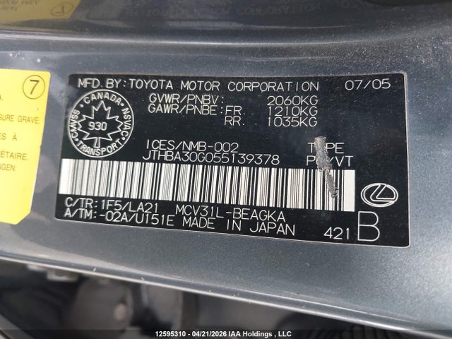 12595310 :رقم المزاد ، JTHBA30G055139378 vin ، 2005 Lexus Es 330 مزاد بيع