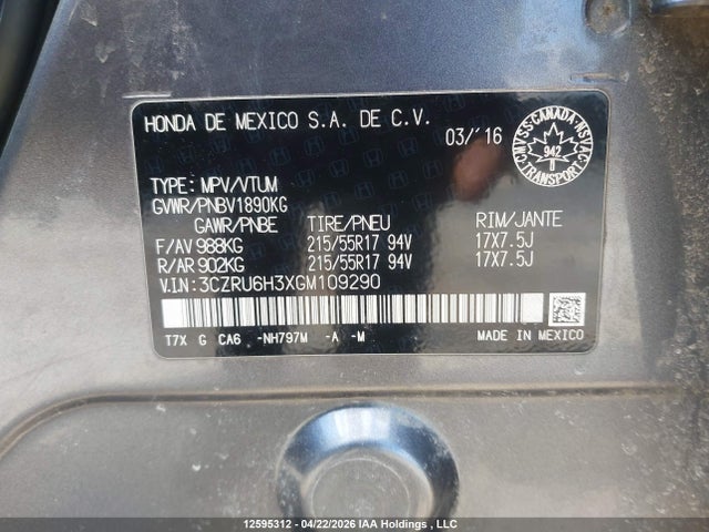 3CZRU6H3XGM109290 Honda HR-V LX