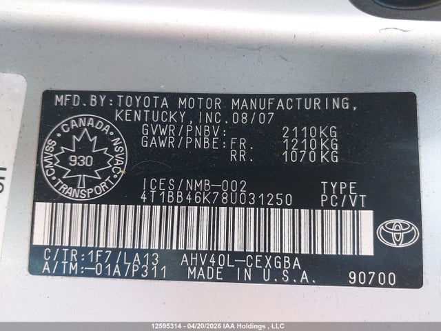 12595314 :رقم المزاد ، 4T1BB46K78U031250 vin ، 2008 Toyota Camry Hybrid مزاد بيع
