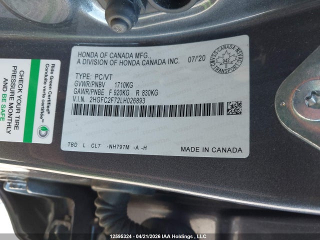 Aukcja sprzedaży 2020 Honda Civic Ex 4dr, vin: 2HGFC2F72LH026893, numer aukcji: 12595324