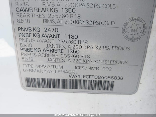 2011 Audi Q5 მანქანა იყიდება აუქციონზე, vin: WA1LFCFP0BA086838, აუქციონის ნომერი: 12595325